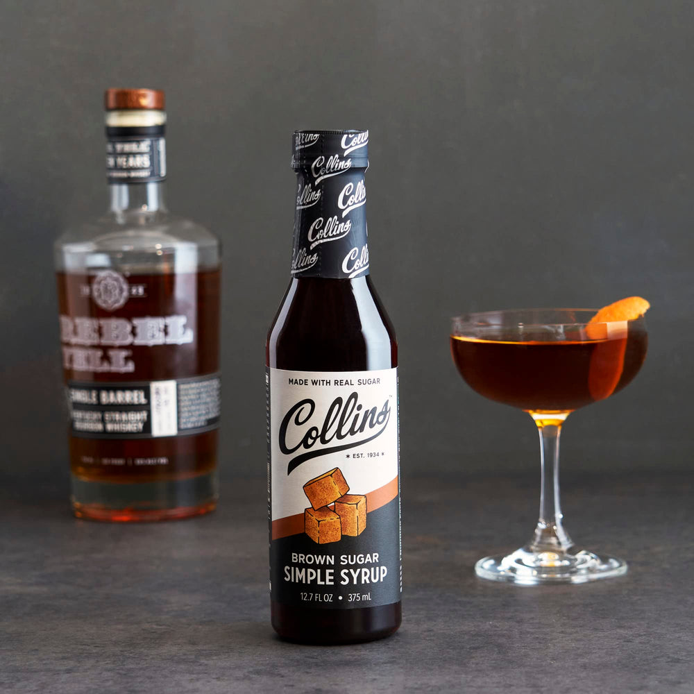 Gift-ready Collins syrup bottle for home bartenders.