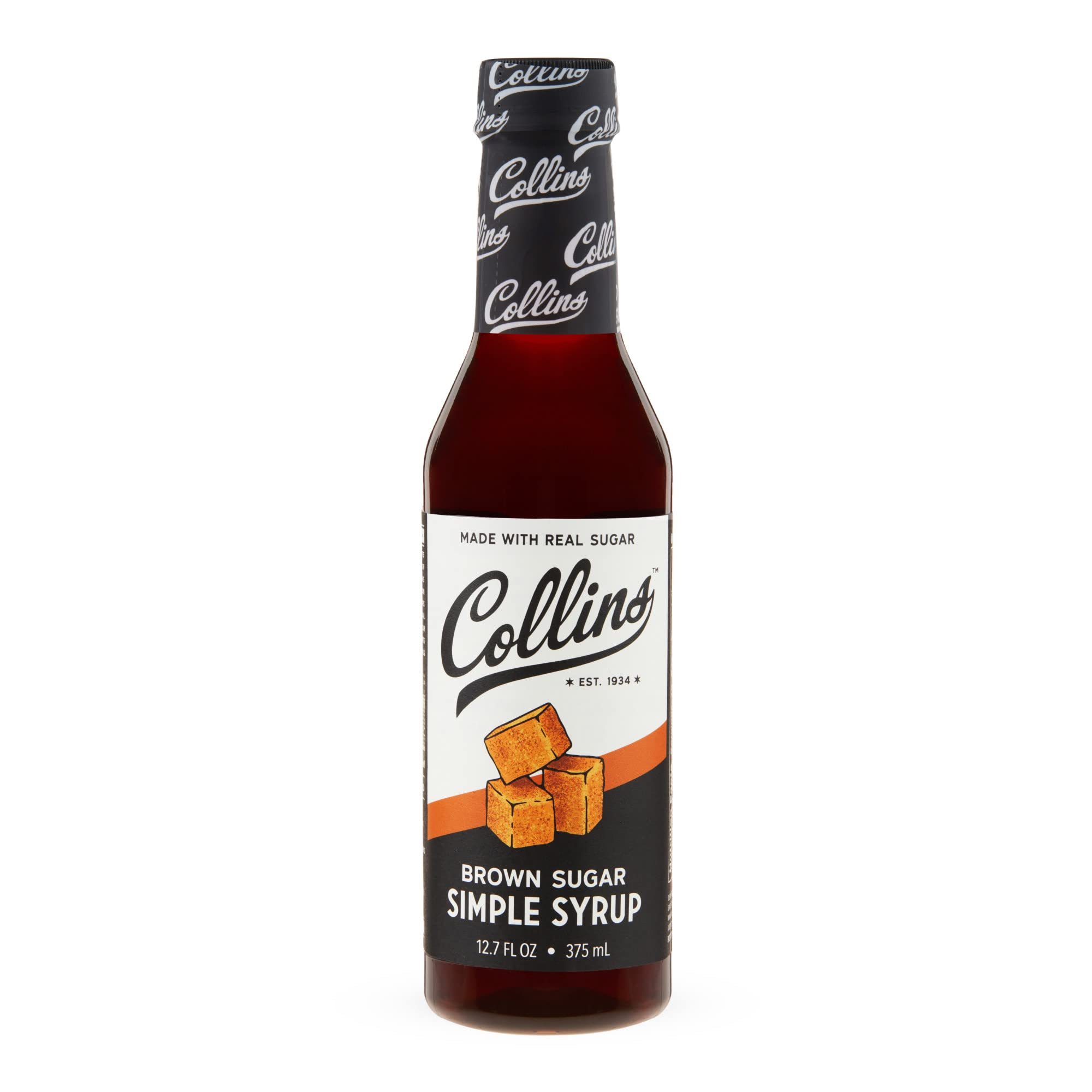 Close-up label shows real brown sugar in Collins syrup.
