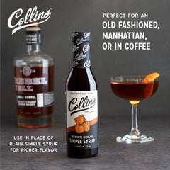 Pouring Collins syrup over ice for crafted cocktails.