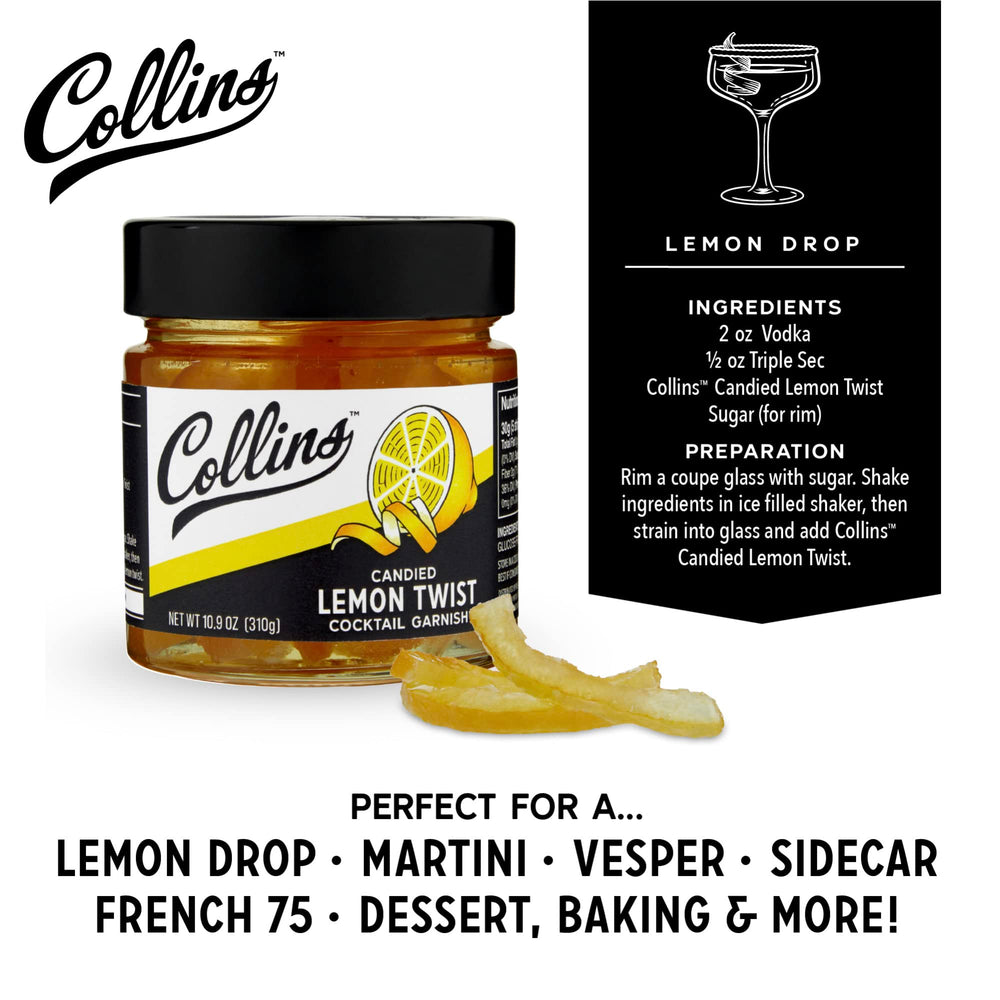 Collins Candied Lemon Twist closeup shows glossy, sugared lemon peels.