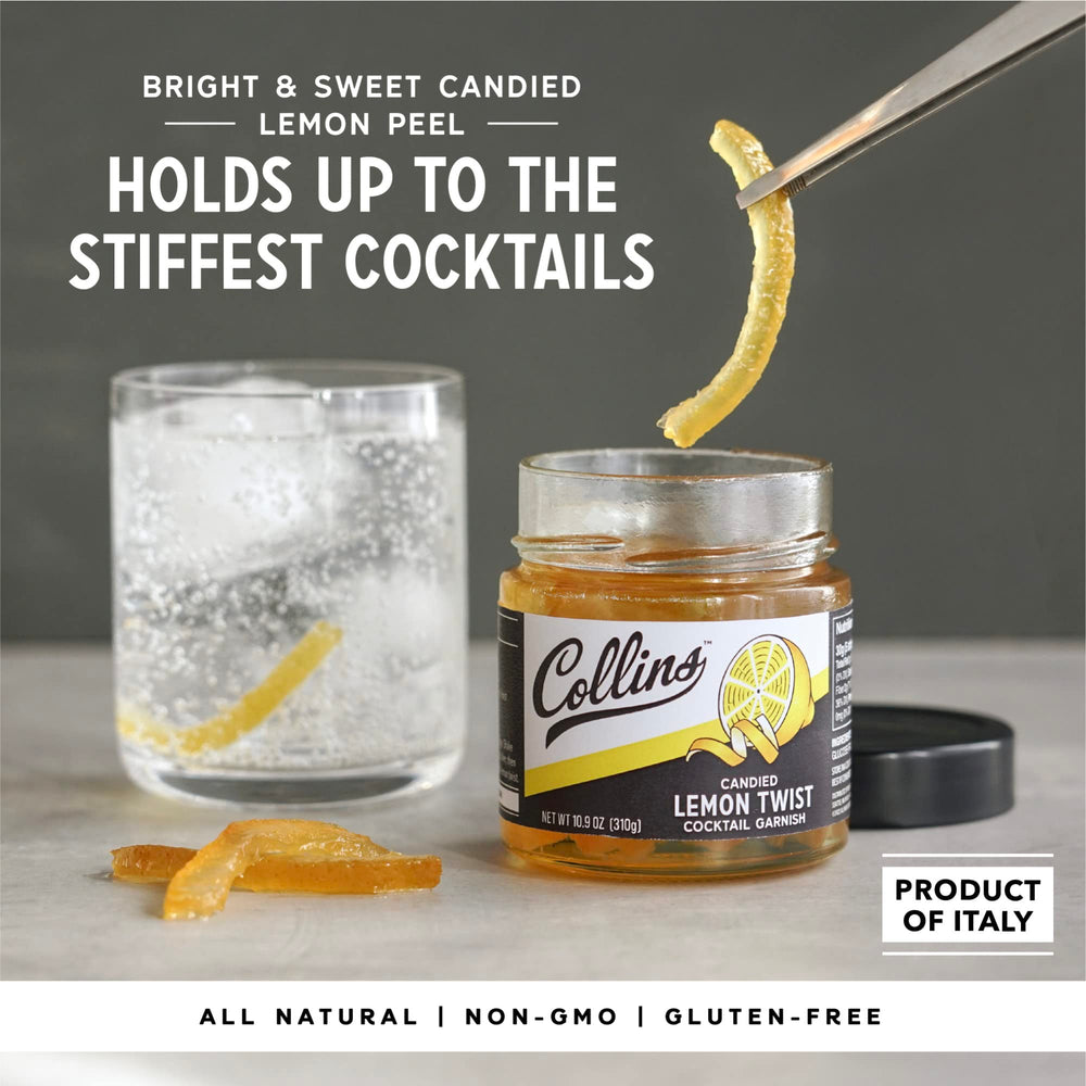 Collins Candied Lemon Twist cocktail garnish highlights drinks with polished citrus zest.