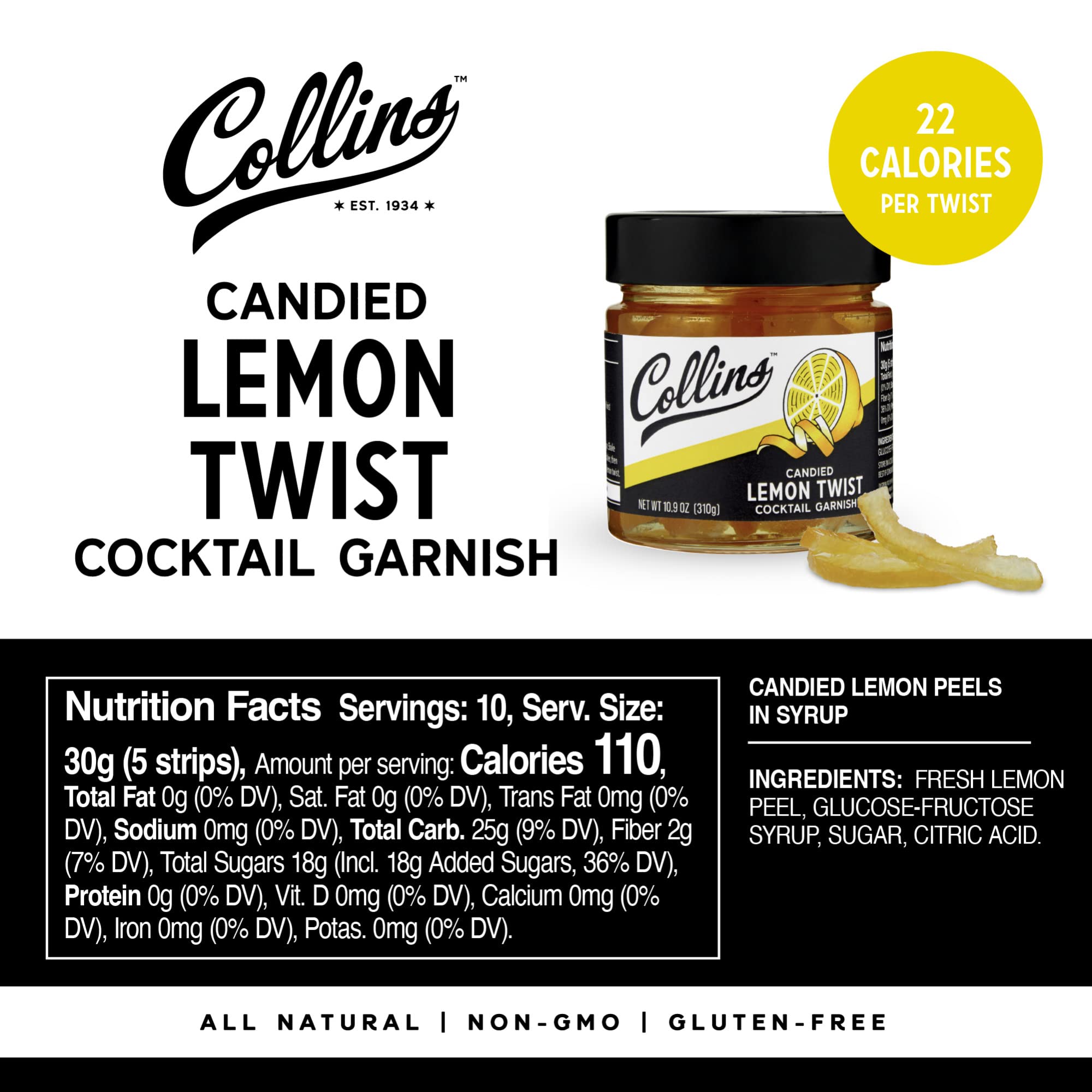 Collins Candied Lemon Twist dessert topping adds citrus flair to desserts.