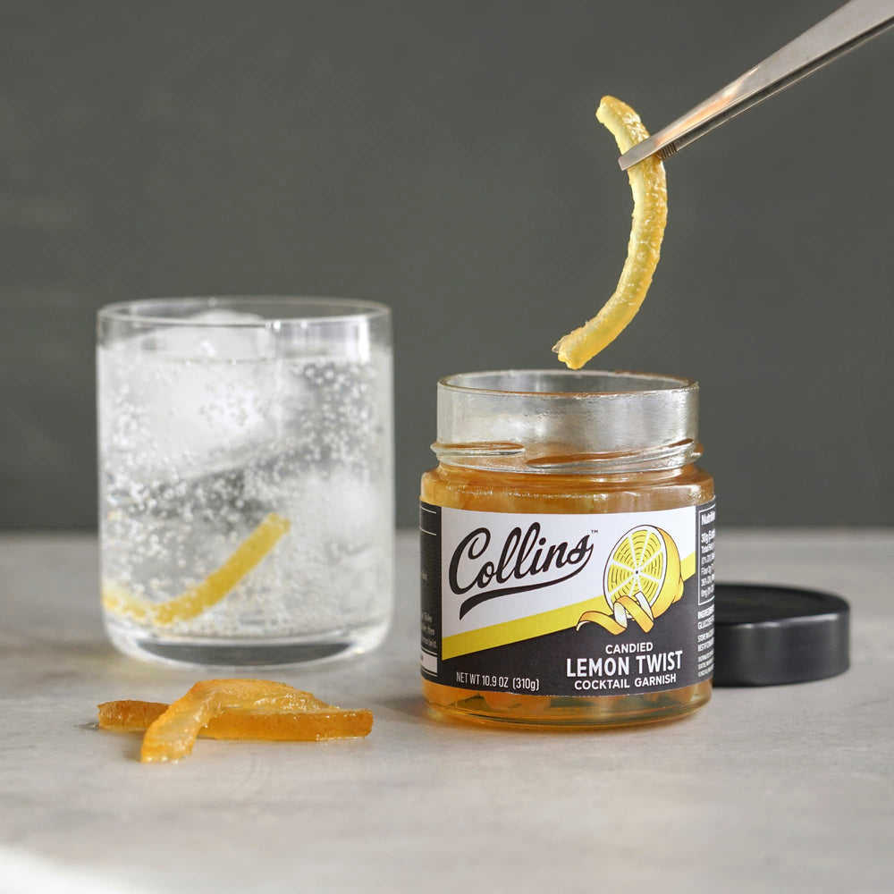 Collins Candied Lemon Twist drizzle on drink adds subtle sweetness.