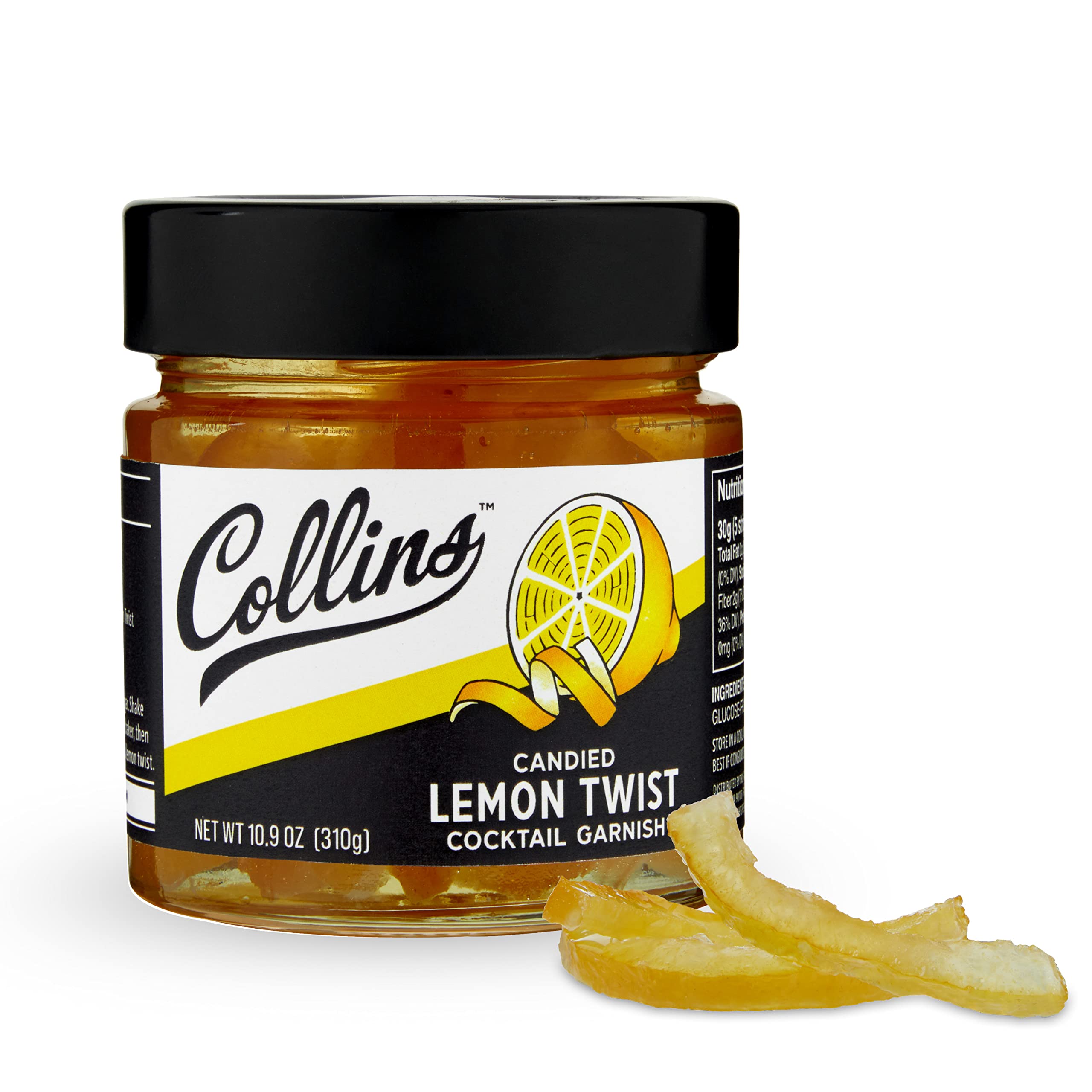 Collins Candied Lemon Twist jar enhances cocktails with bright citrus garnish.