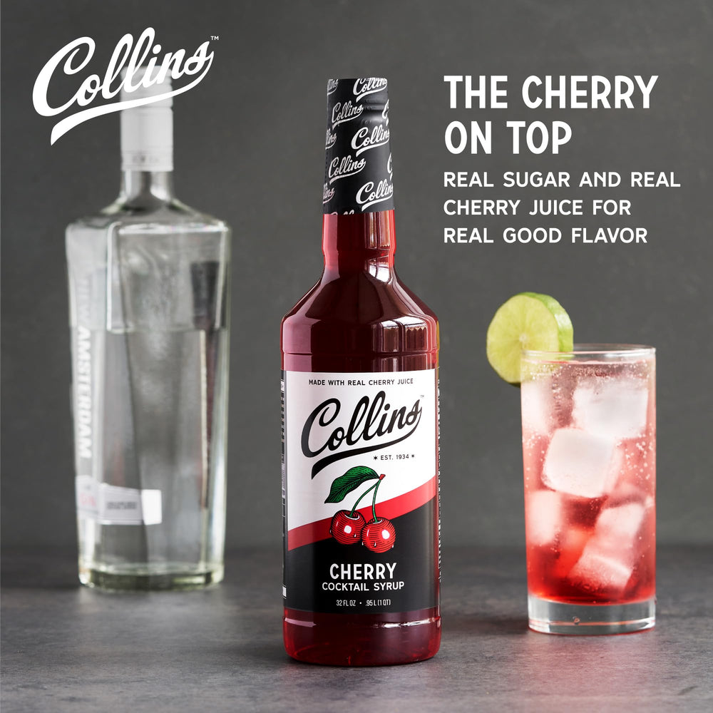 Collins Cherry Syrup being poured into a dirty soda glass