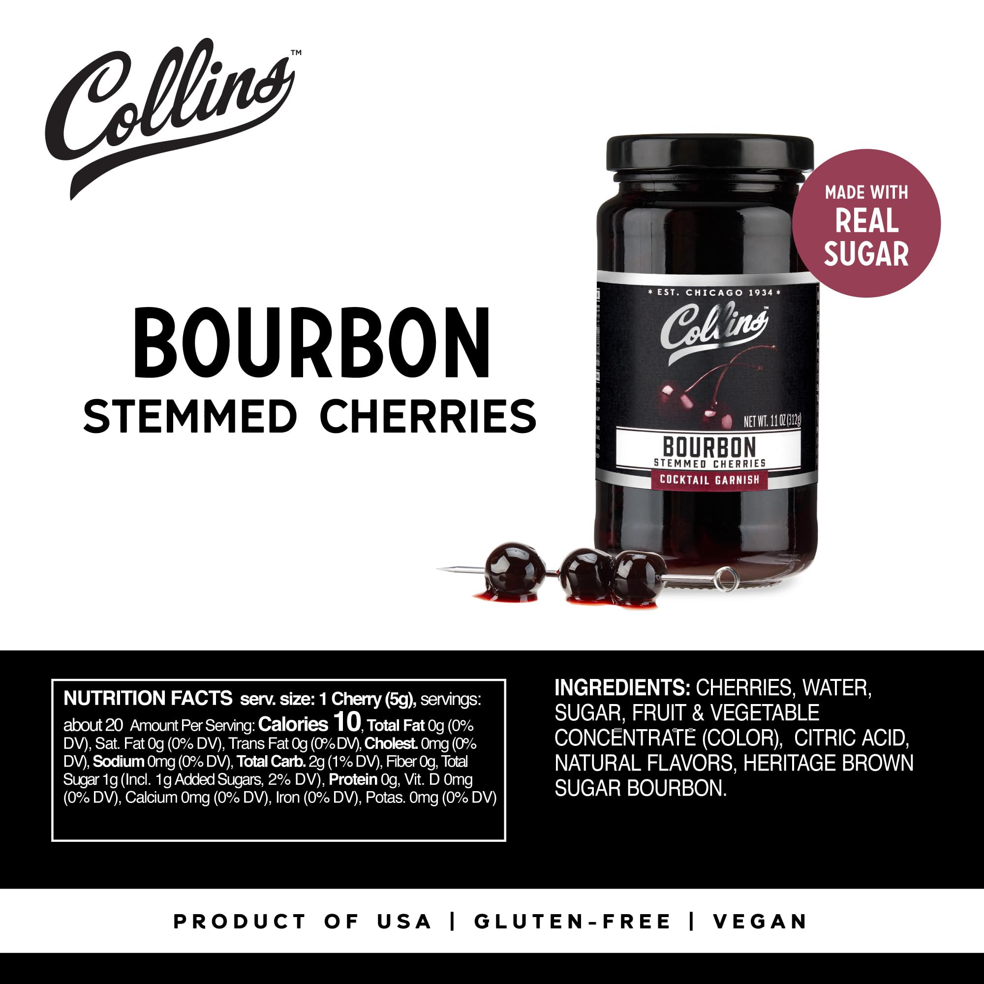 Collins Chicago bourbon cherries with Heritage Distilling infusion visible in the jar.