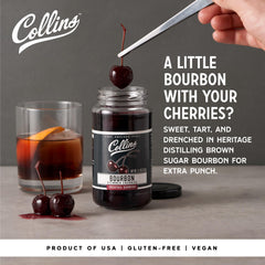 Collins Chicago bourbon cherries in a Manhattan glass elevate whiskey forward cocktails.