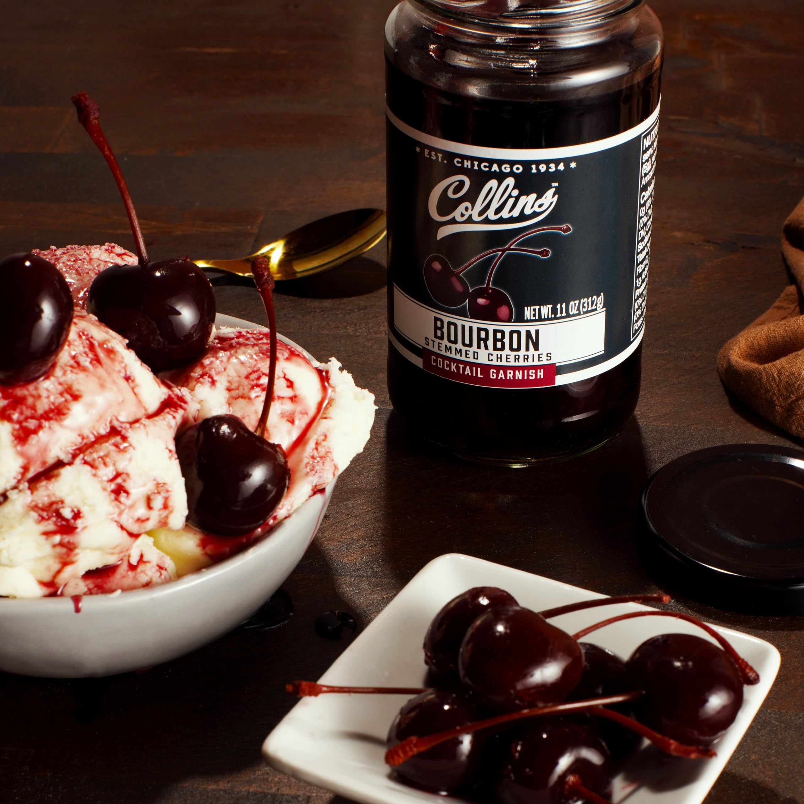 Collins Chicago bourbon cherries with real juice and real sugar for balanced flavor.
