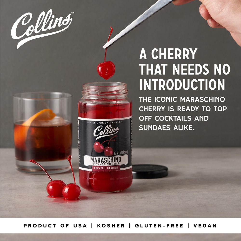 Collins Chicago stemmed cherries add authentic garnish to Manhattans.