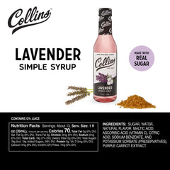 Macro detail of Collins Chicago Lavender Simple Syrup bottle label emphasizing natural lavender
