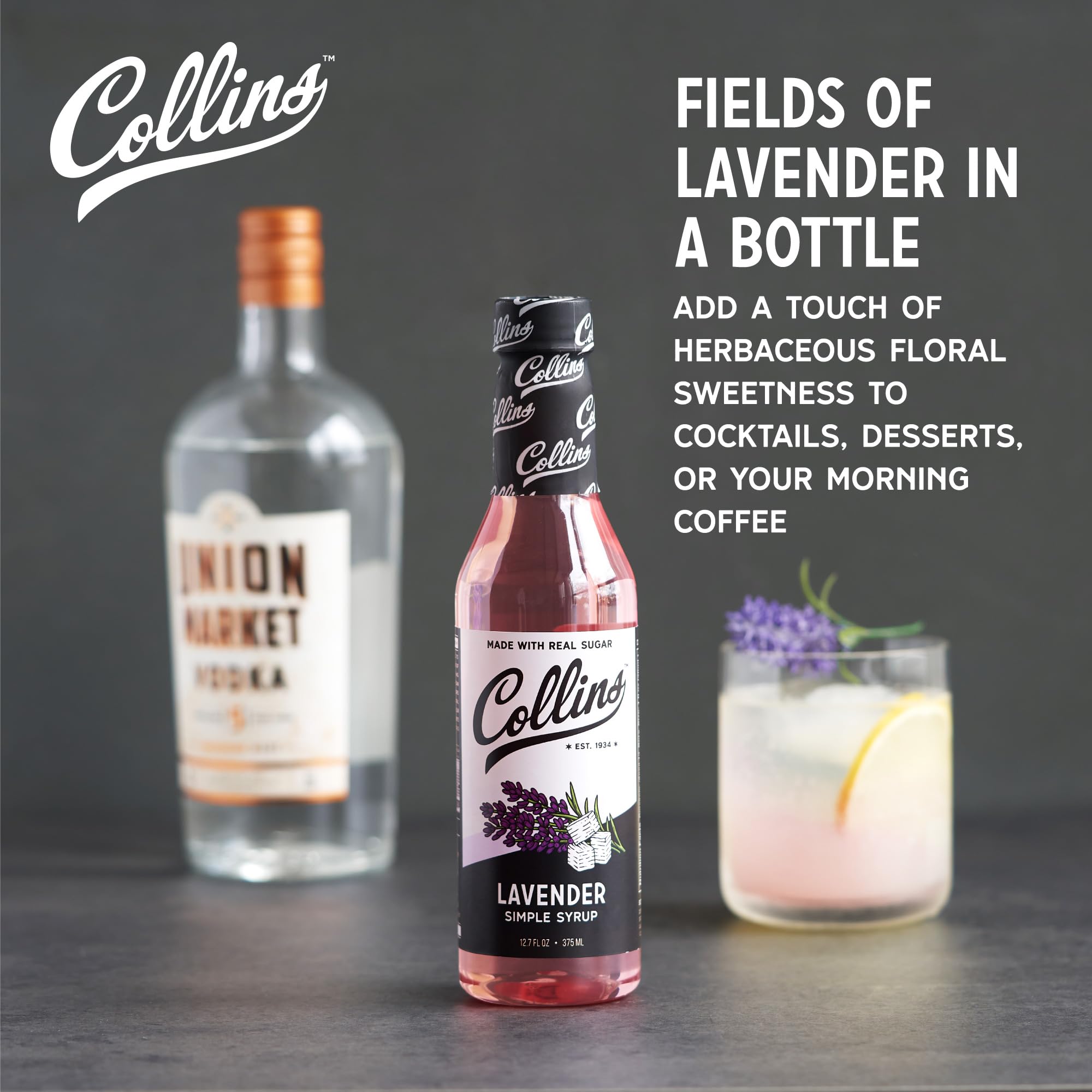 Collins Chicago Lavender Simple Syrup being poured into a glass for refreshing drinks