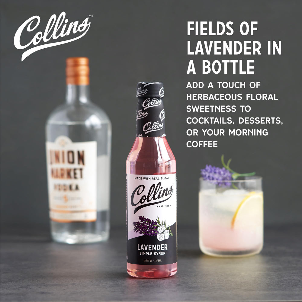 Collins Chicago Lavender Simple Syrup being poured into a glass for refreshing drinks