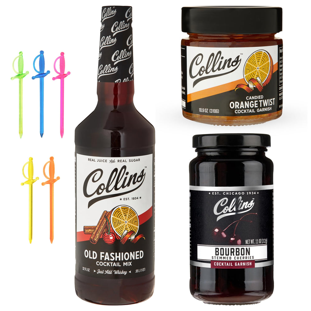 Collins Chicago Old Fashioned Kit box with mix and garnishes for home bartending.