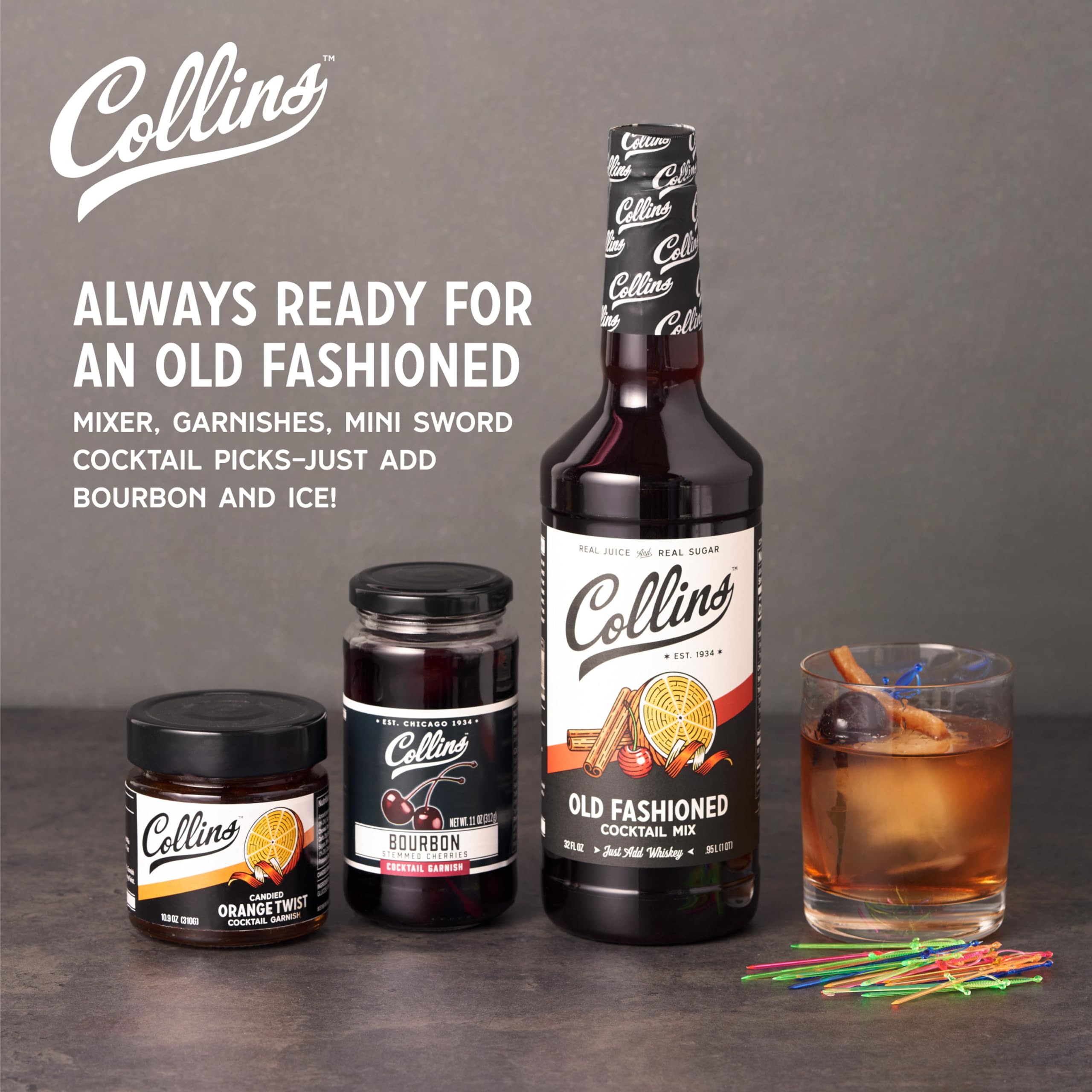 Collins Chicago Old Fashioned Mix bottle displayed beside garnishes.