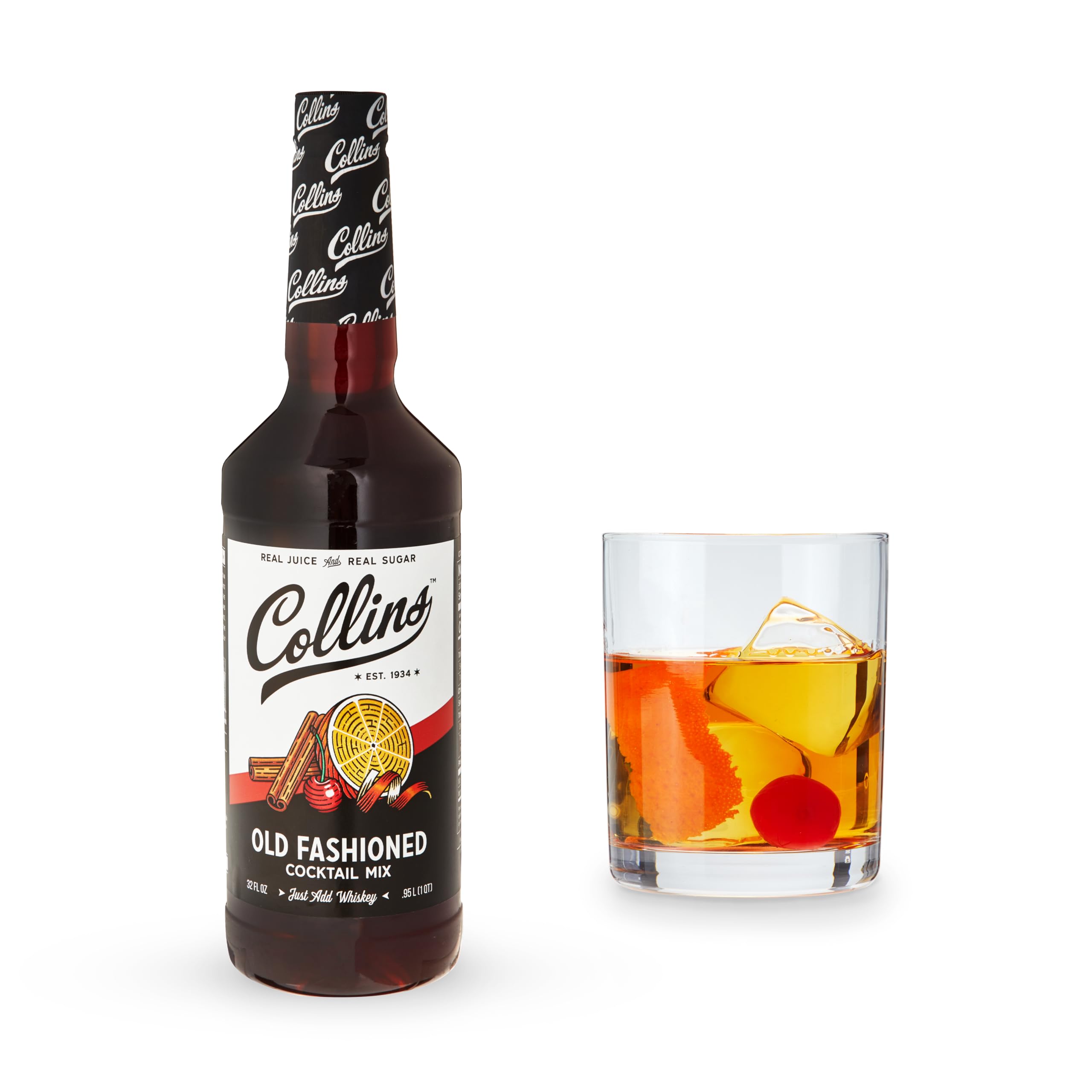 Collins Chicago Old Fashioned Mixer bottle front, real brown sugar highlighted for easy home cocktails.