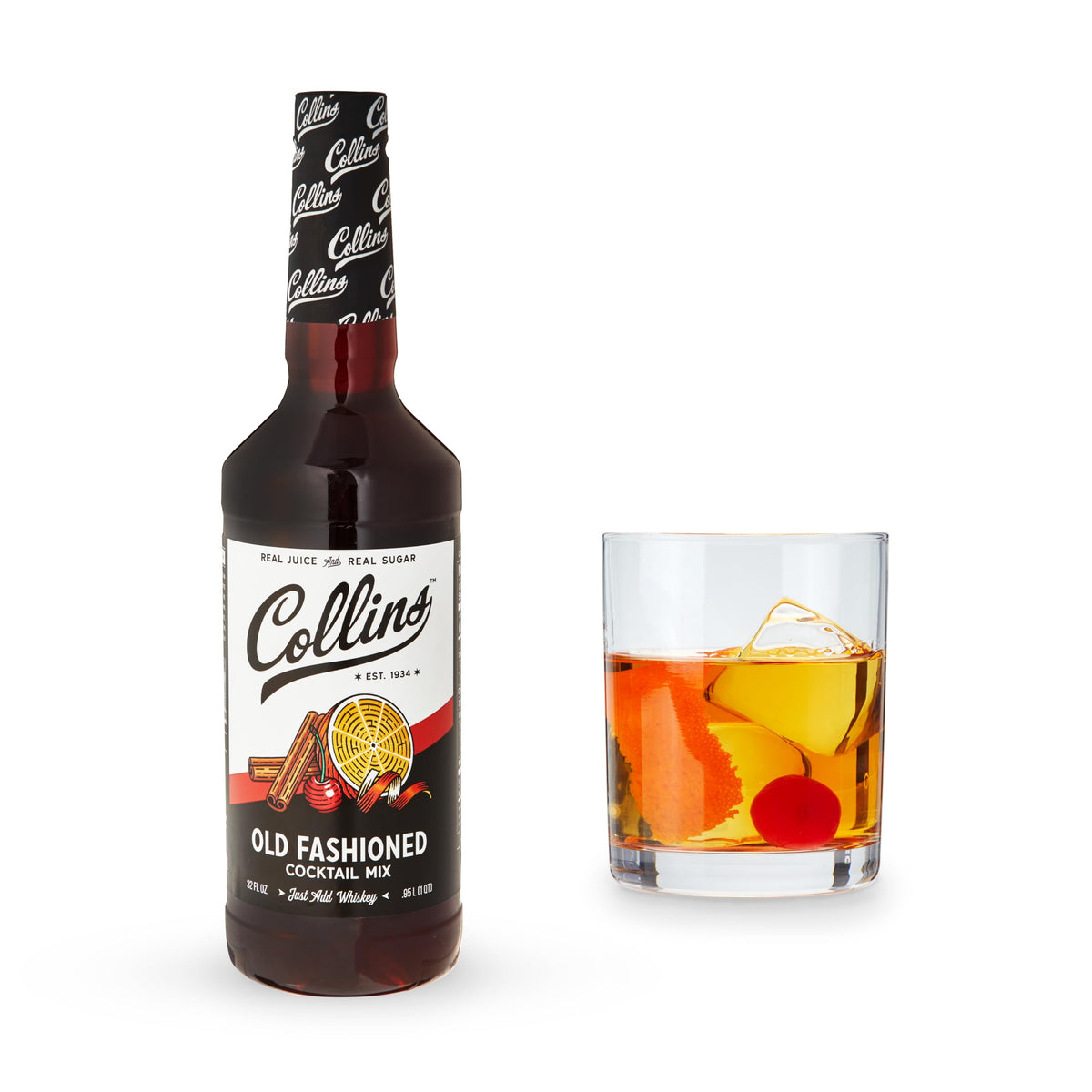 Collins Chicago Old Fashioned Mixer bottle front, real brown sugar highlighted for easy home cocktails.