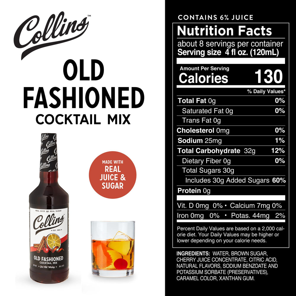 Collins Chicago Old Fashioned Mixer label on a bar setup for classic nostalgia.