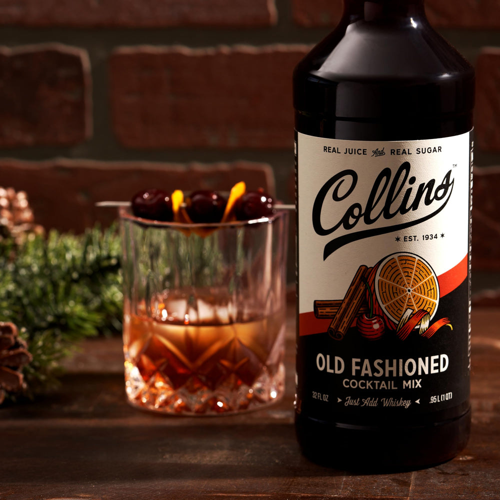 Collins Chicago Old Fashioned Mixer label close-up shows real juice and sugar.