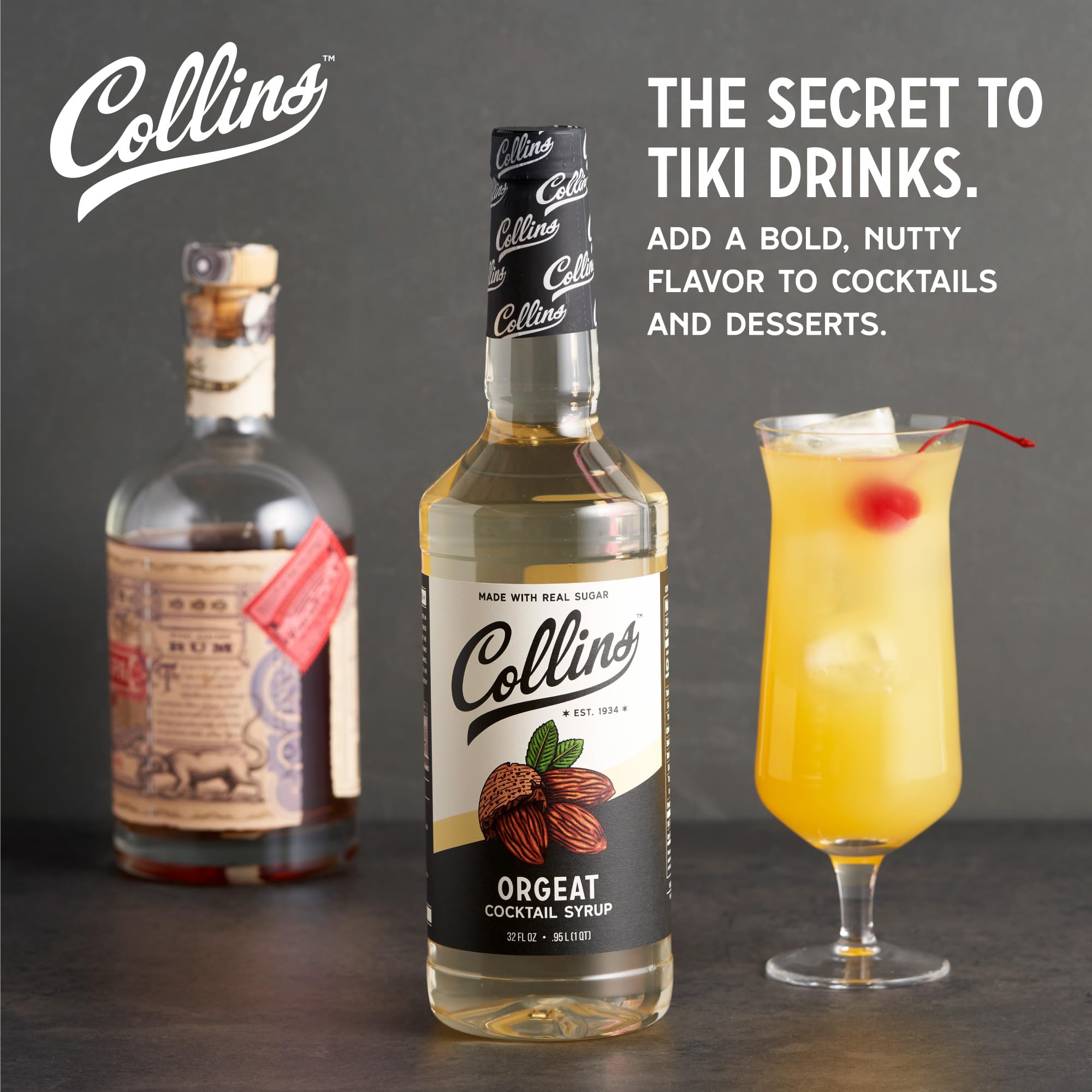 Collins Orgeat Syrup being poured into a glass for tiki cocktails