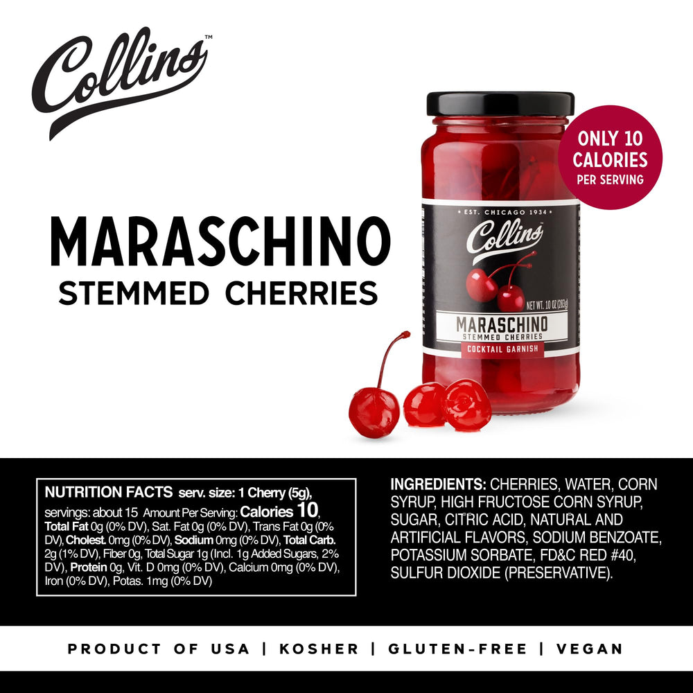Collins Chicago jar of Royal Anne stemmed cherries ready to use.