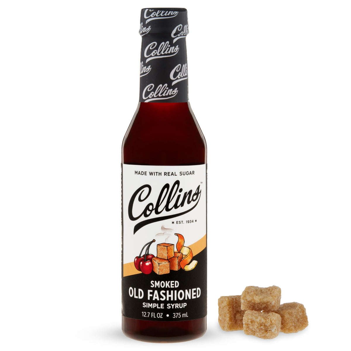 Collins Chicago Smoked Old Fashioned Syrup bottle highlighting smoky cherry aroma for cocktails.