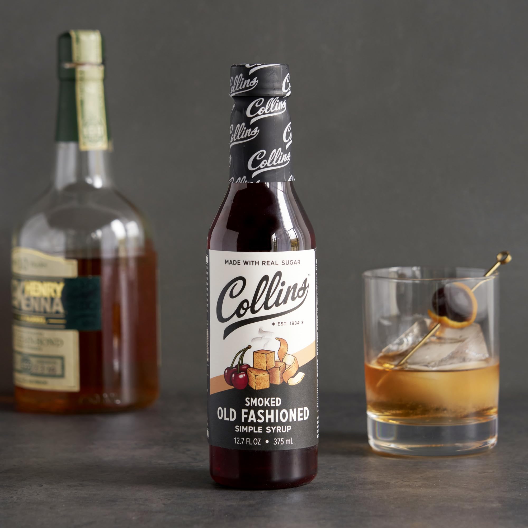 Collins Chicago Smoked Old Fashioned Syrup ingredients reveal real juice and sugar.
