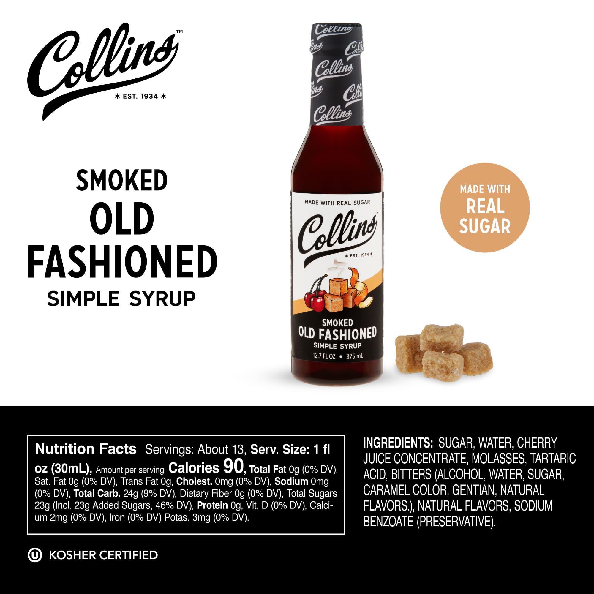 Collins Chicago Smoked Old Fashioned Syrup label emphasizes vegan and gluten-free features.