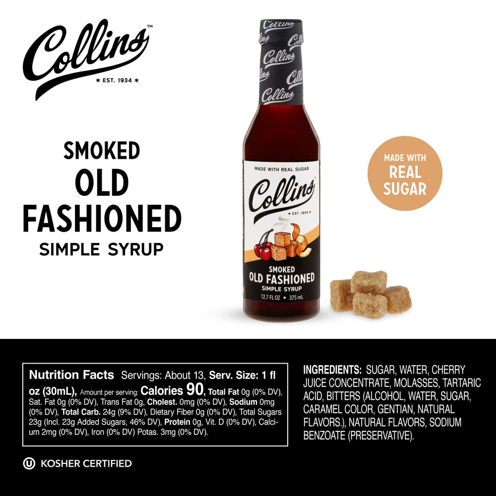 Collins Chicago Smoked Old Fashioned Syrup label emphasizes vegan and gluten-free features.