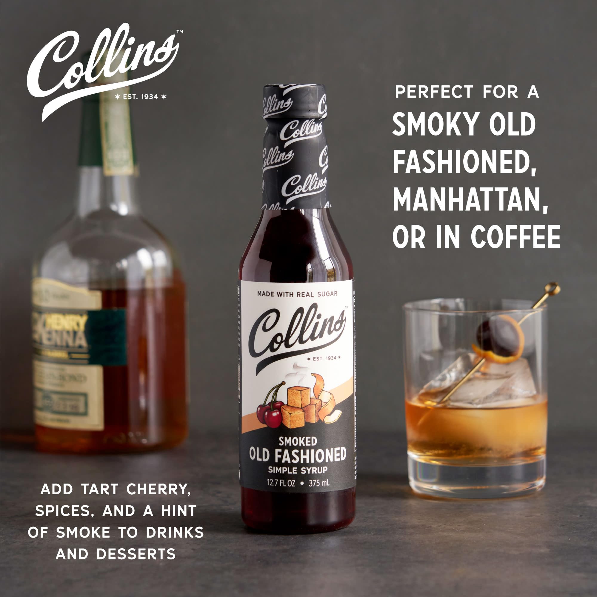Collins Chicago Smoked Old Fashioned Syrup being poured for an at-home smoked cocktail.