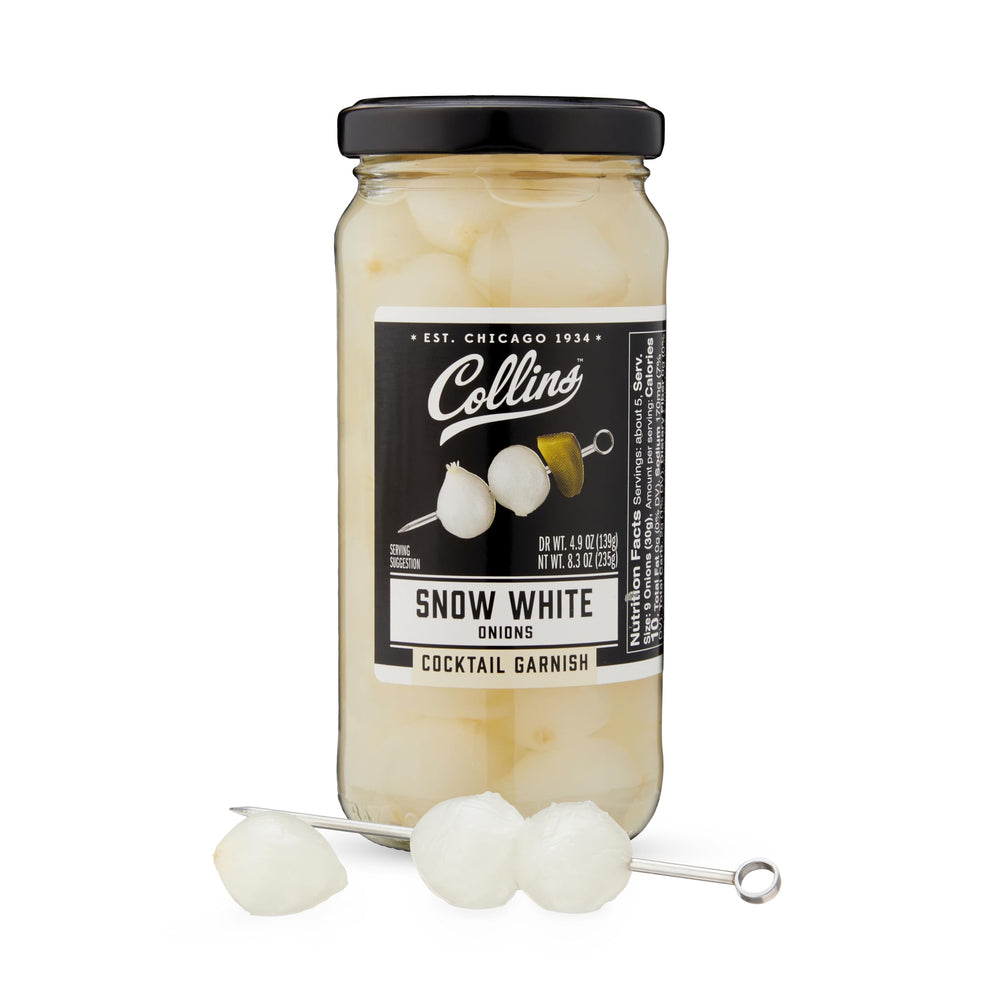 Collins Chicago Snow White cocktail onions in a jar perfect for Gibson garnishes.