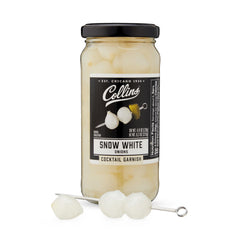 Collins Chicago Snow White cocktail onions in a jar perfect for Gibson garnishes.