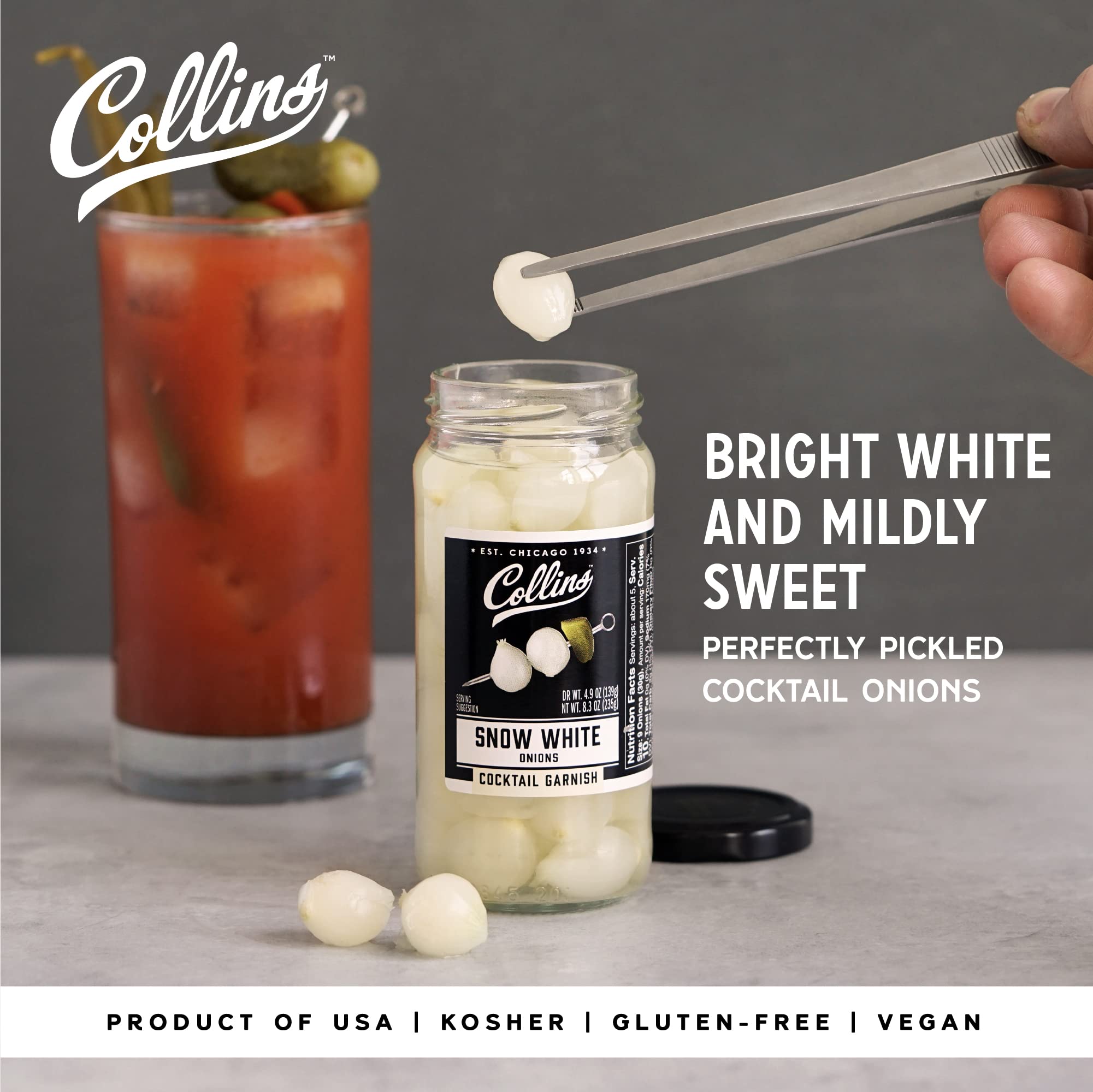 Snow White onions on a Bloody Mary garnish from Collins Chicago for extra crunch.