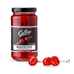Collins Chicago stemless cherries in a jar, ready-to-use garnish for cocktails and desserts.