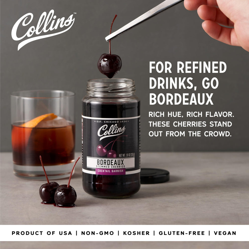 Collins Chicago stemmed Bordeaux cherries close-up, rich flavor for mixed drinks.