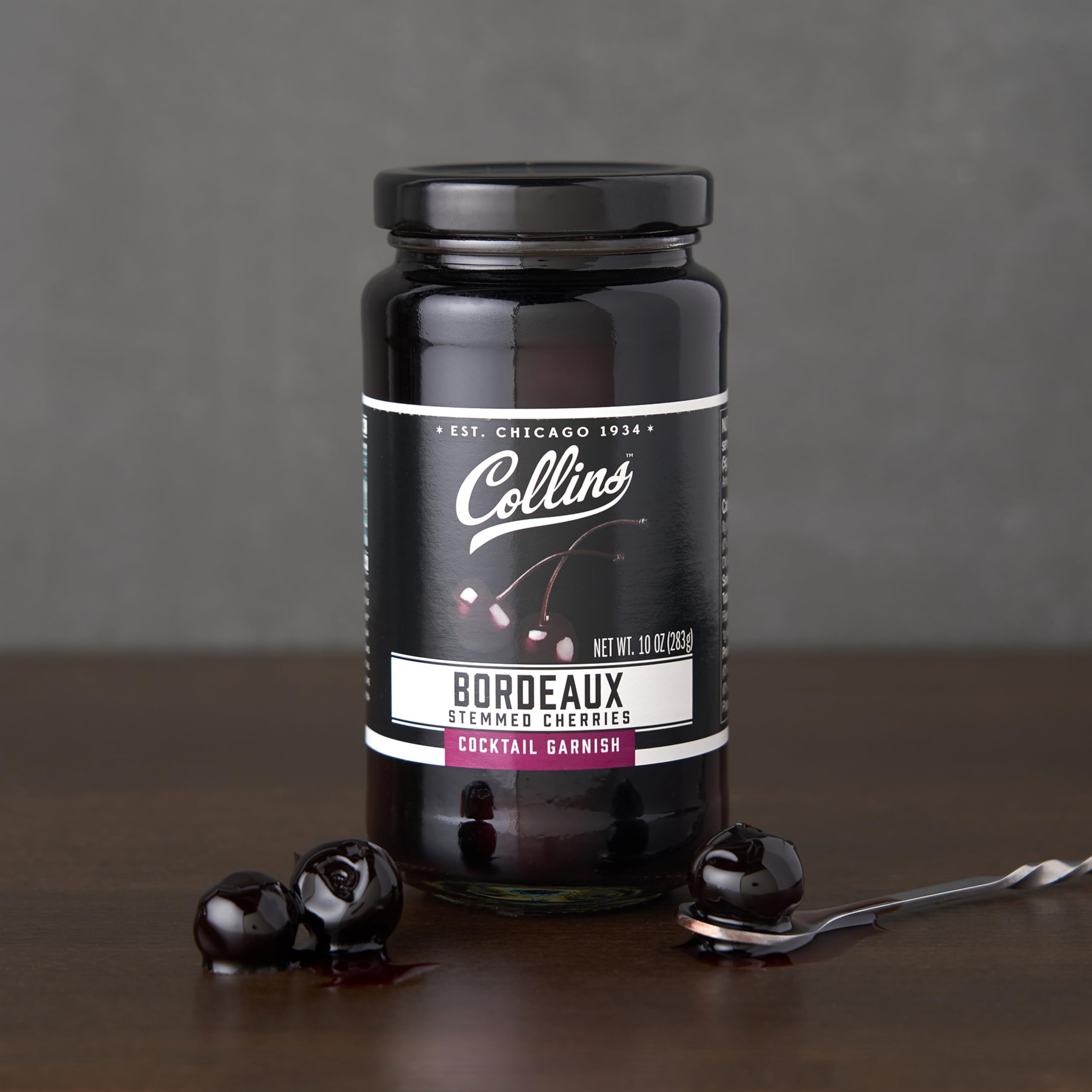 Collins Chicago stemmed Bordeaux cherries label close-up, authentic Old Fashioned accent.