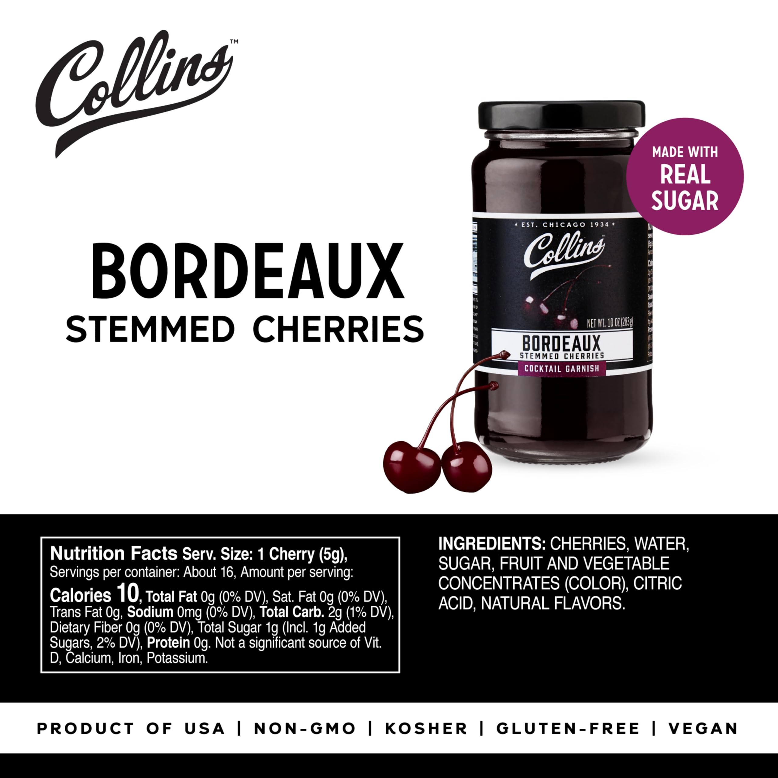 Collins Chicago stemmed Bordeaux cherries on rim of a cocktail, stylish presentation.
