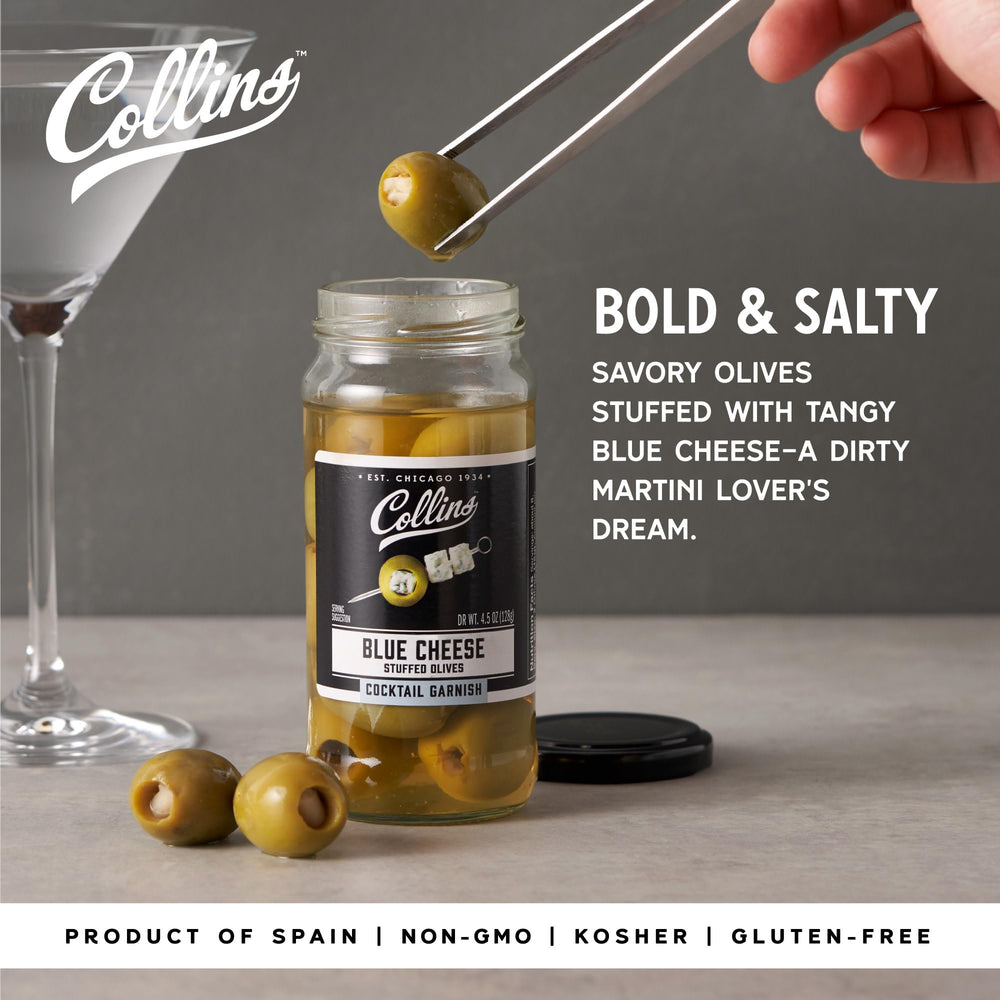 Collins Gourmet Blue Cheese Olives martini tray display for festive cocktails.