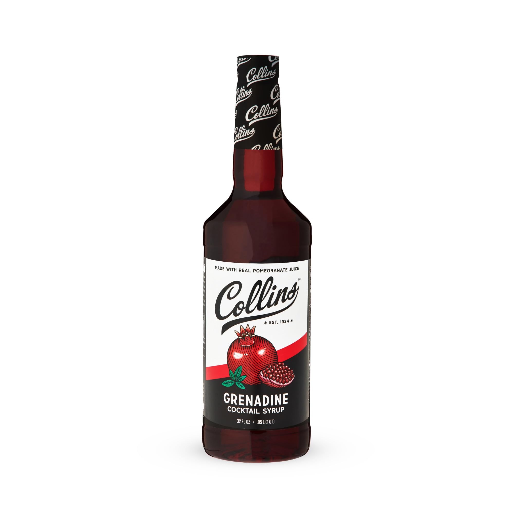 Collins Grenadine bottle label close-up signals heritage and quality.