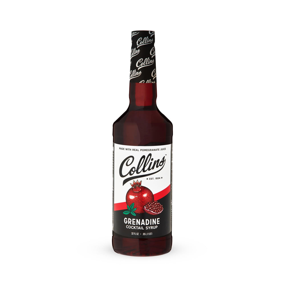 Collins Grenadine bottle label close-up signals heritage and quality.
