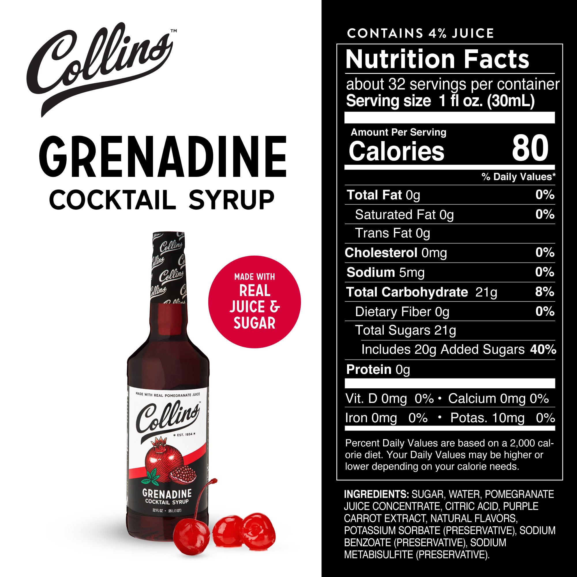 Collins Grenadine real pomegranate juice close-up emphasizes authentic ingredients for drinks.