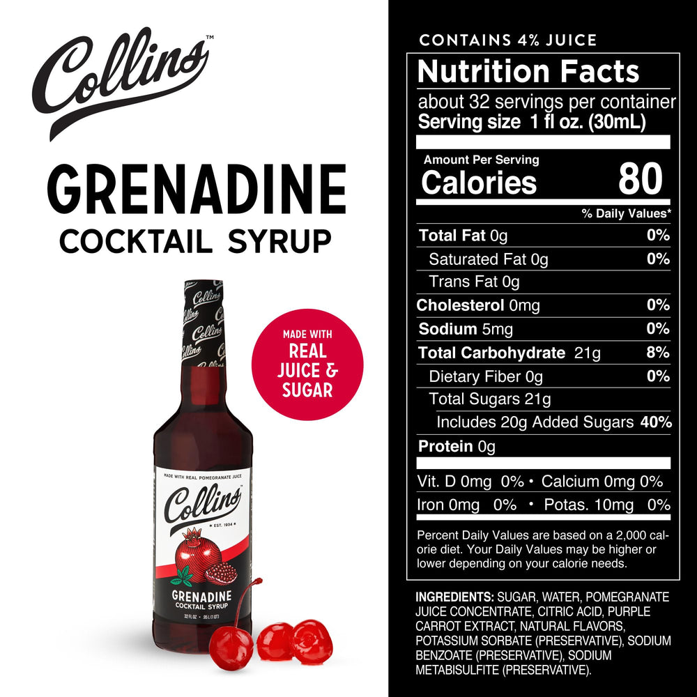 Collins Grenadine real pomegranate juice close-up emphasizes authentic ingredients for drinks.