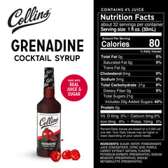 Collins Grenadine real pomegranate juice close-up emphasizes authentic ingredients for drinks.
