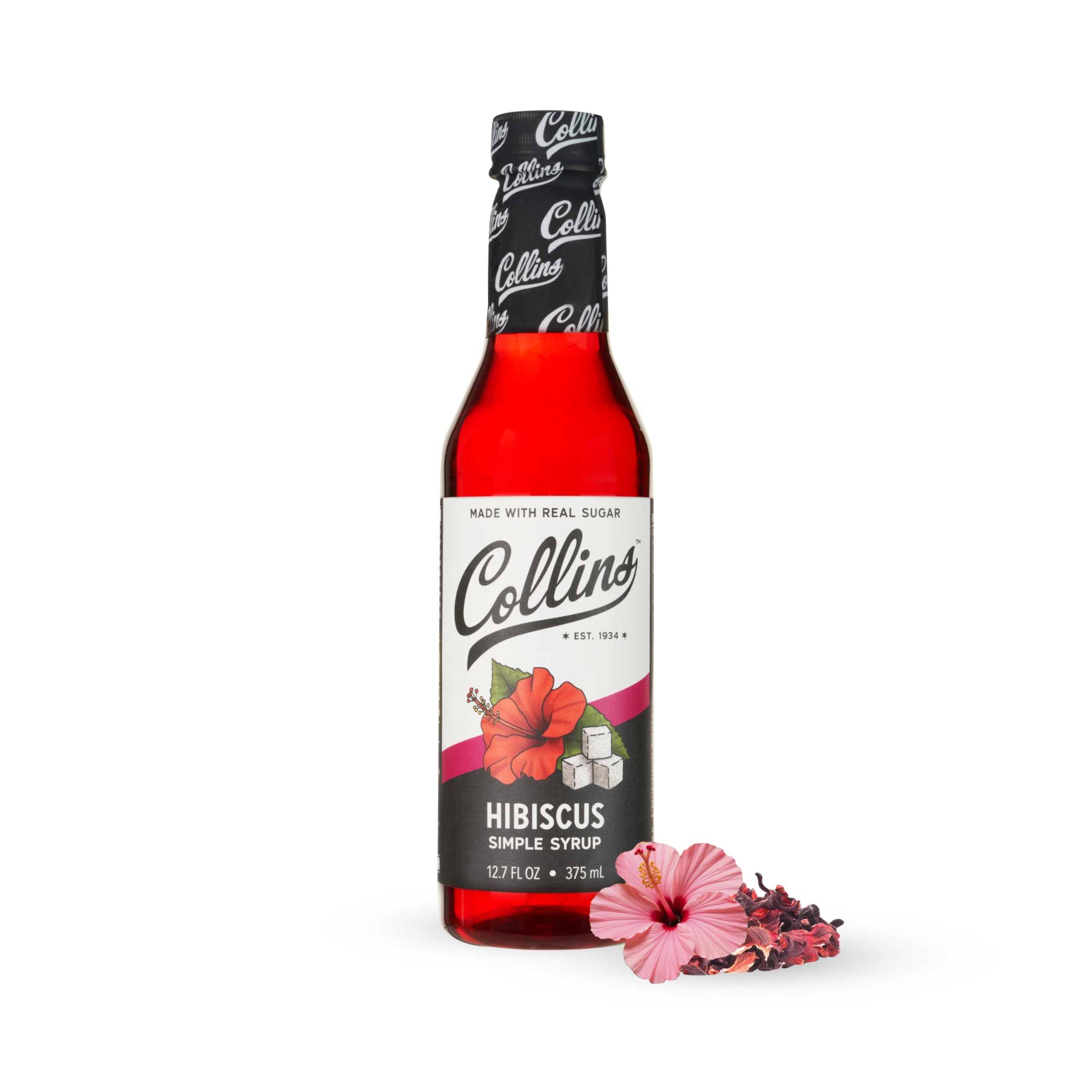 Collins Chicago Hibiscus Simple Syrup bottle adds vibrant color and floral flavor to cocktails