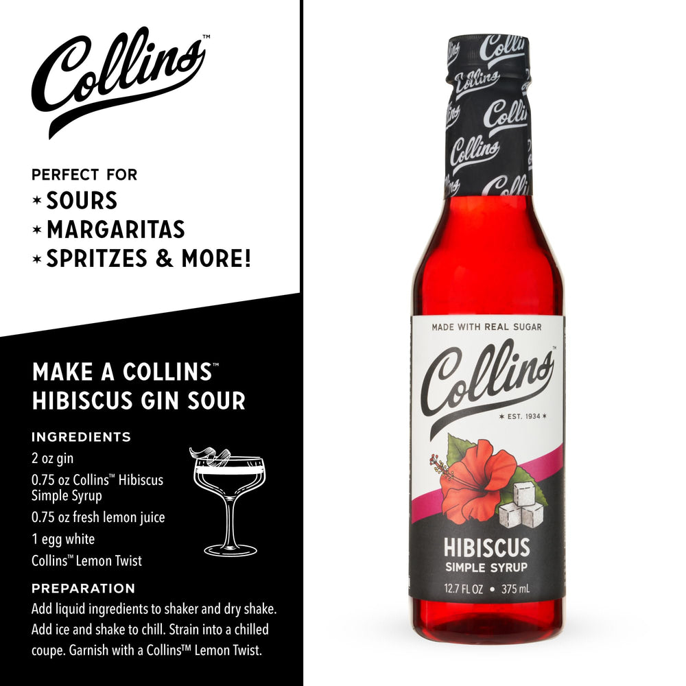 Collins Hibiscus Syrup margarita glass scene showcases festive color and depth