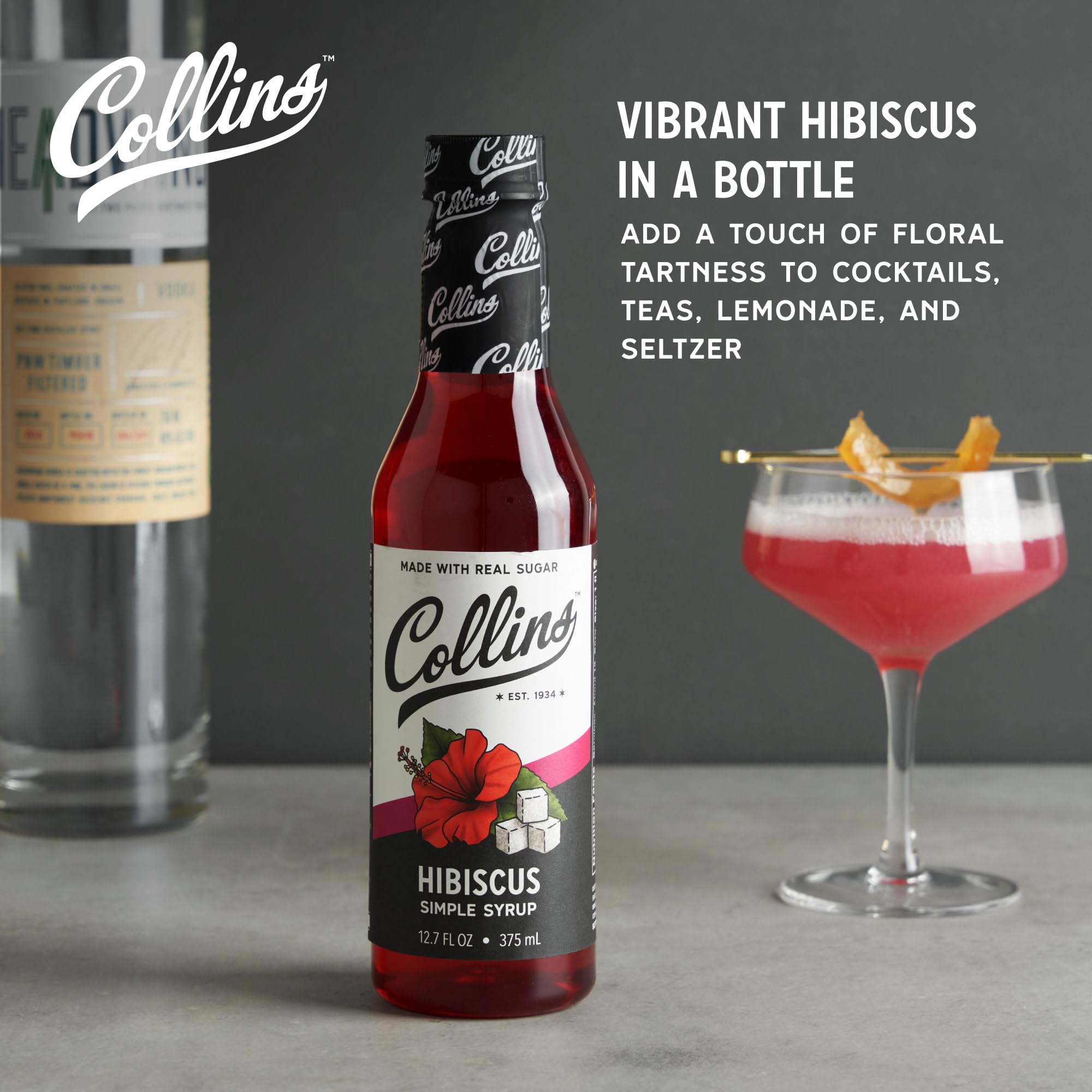 Collins Chicago Hibiscus Syrup pour highlights tangy-sweet notes and vibrant hue
