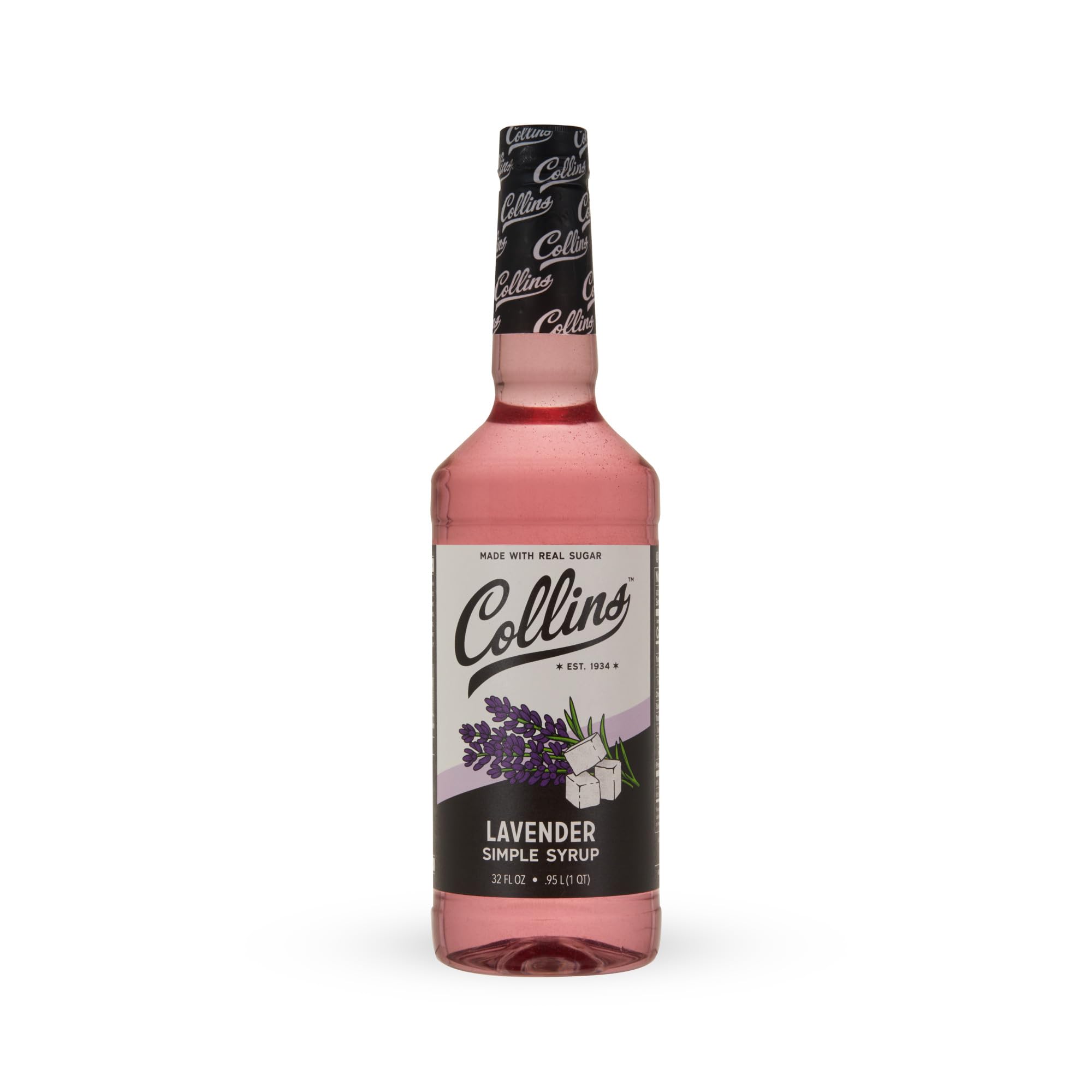 Bottle of Collins Lavender Syrup beside a coffee cup for specialty coffee