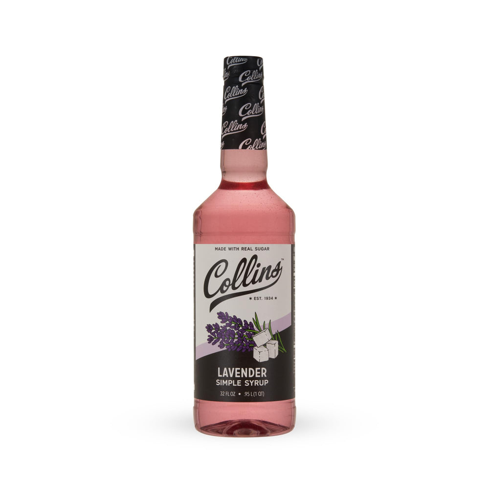 Bottle of Collins Lavender Syrup beside a coffee cup for specialty coffee
