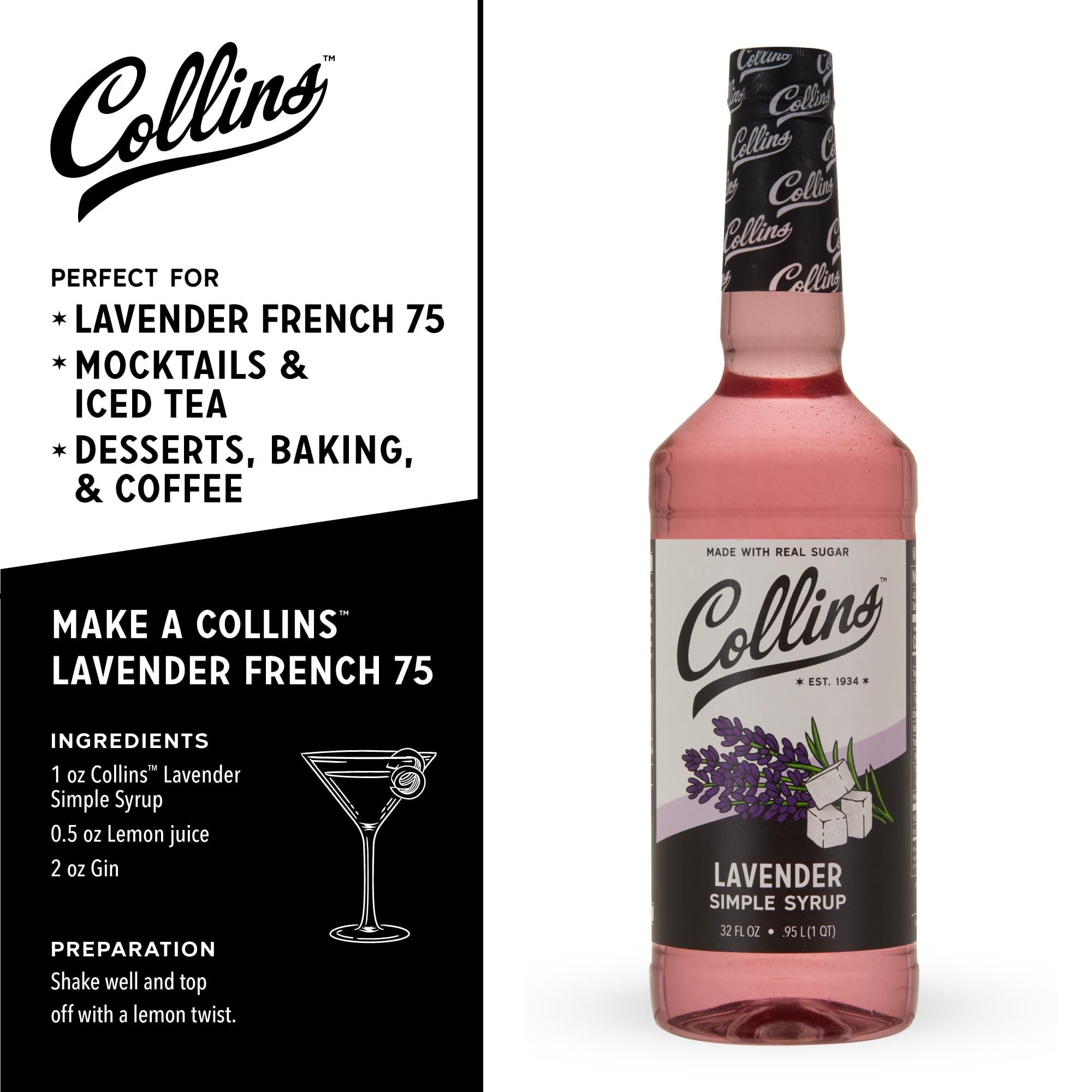 Collins Lavender Syrup drizzled into a lavender martini glass