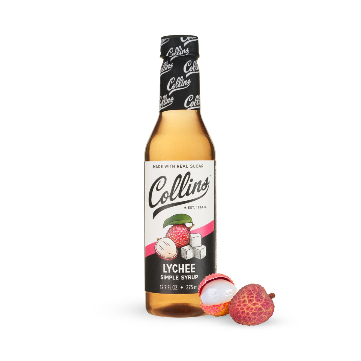 Collins Lychee Simple Syrup bottle front view for tropical cocktails and desserts