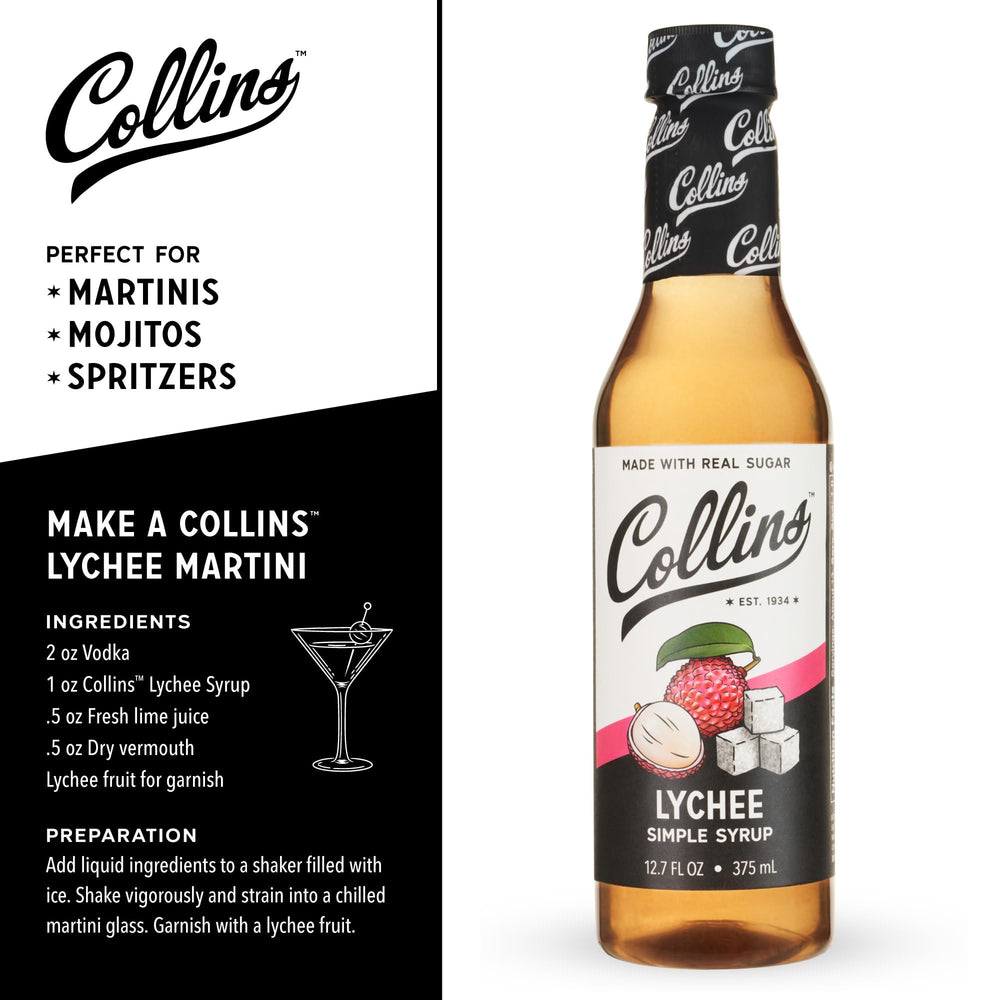 Collins Lychee Syrup in a martini glass showcases elegant drinks